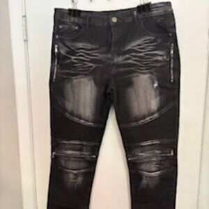 BLACK DISTRESSED ZIPPER JEANS 36